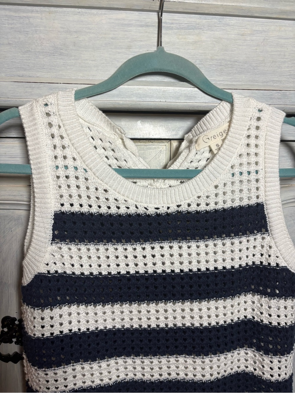 Navy White Stripe Open Knit Sweater Tank Coastal Preppy Beach Resort Nautical - Picture 5 of 7